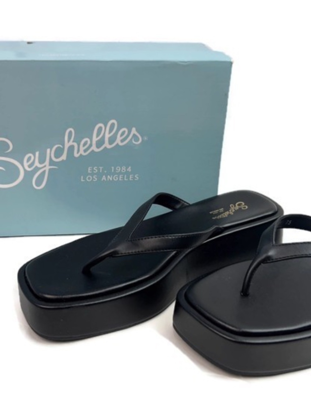 Seychelles Sunflower Women's Black Vegan Leather Platform Thong Sandals Size 7.5